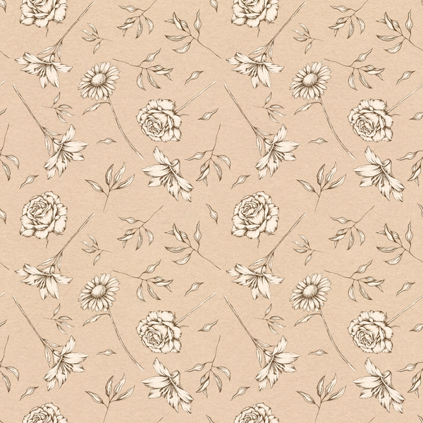 beige background, floral pattern, roses, daisies, lilies, botanical design, vintage style, line art flowers, neutral tones, cream colored, sketched florals,, fabric panel, repeating pattern, delicate flowers, monochromatic design, soft palette, feminine motifs, crafting material, sewing fabric