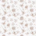 sepia brown, cream background, floral pattern, roses, daisies, lilies, botanical illustration, hand drawn style, vintage flowers, sketched petals, leaves, stems,, fabric panel, repeating motif, delicate linework, soft tones, spring flowers, garden theme, romantic florals