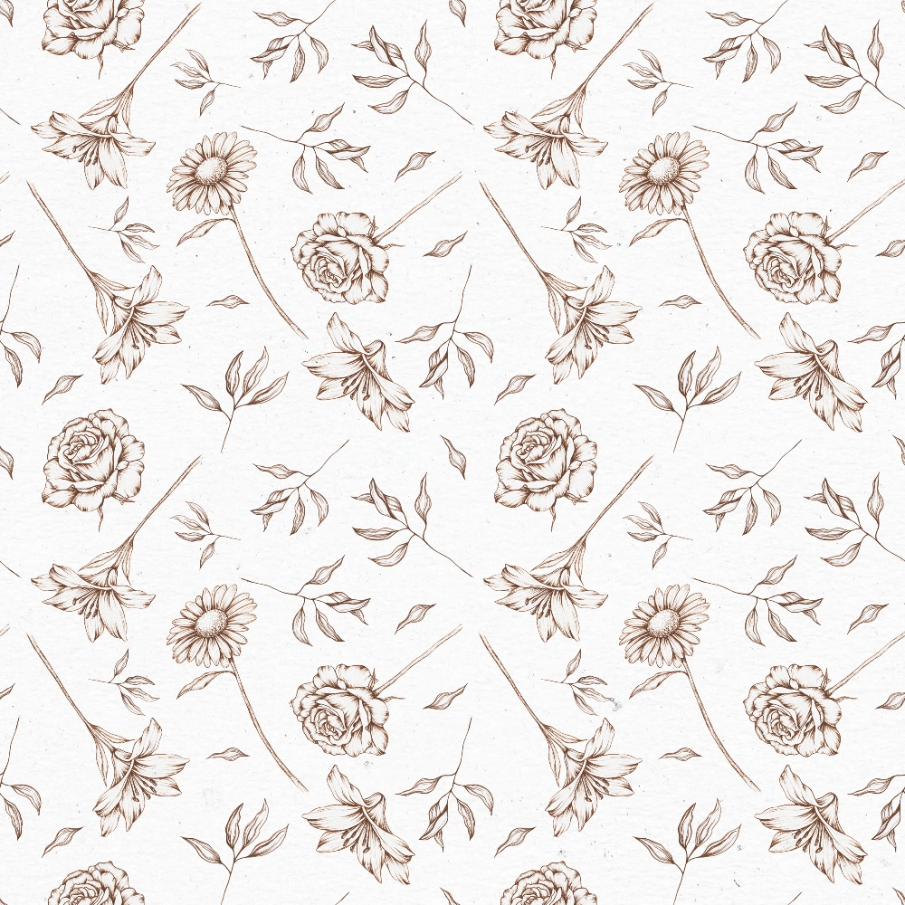 sepia brown, cream background, floral pattern, roses, daisies, lilies, botanical illustration, hand drawn style, vintage flowers, sketched petals, leaves, stems,, fabric panel, repeating motif, delicate linework, soft tones, spring flowers, garden theme, romantic florals