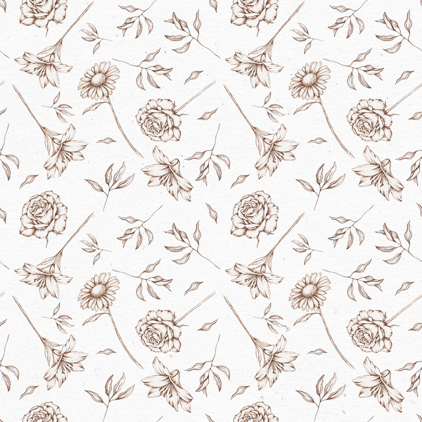 sepia brown, cream background, floral pattern, roses, daisies, lilies, botanical illustration, hand drawn style, vintage flowers, sketched petals, leaves, stems,, fabric panel, repeating motif, delicate linework, soft tones, spring flowers, garden theme, romantic florals