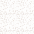 pale pink, soft pink, blush pink, religious symbols, christian motifs, crosses, doves, fish symbols, bread loaves, rosary beads, bibles, sacred heart, outline drawings, line art, minimalist design, spiritual theme, easter motifs,, fabric panel, repeating pattern, monochromatic, faith-based