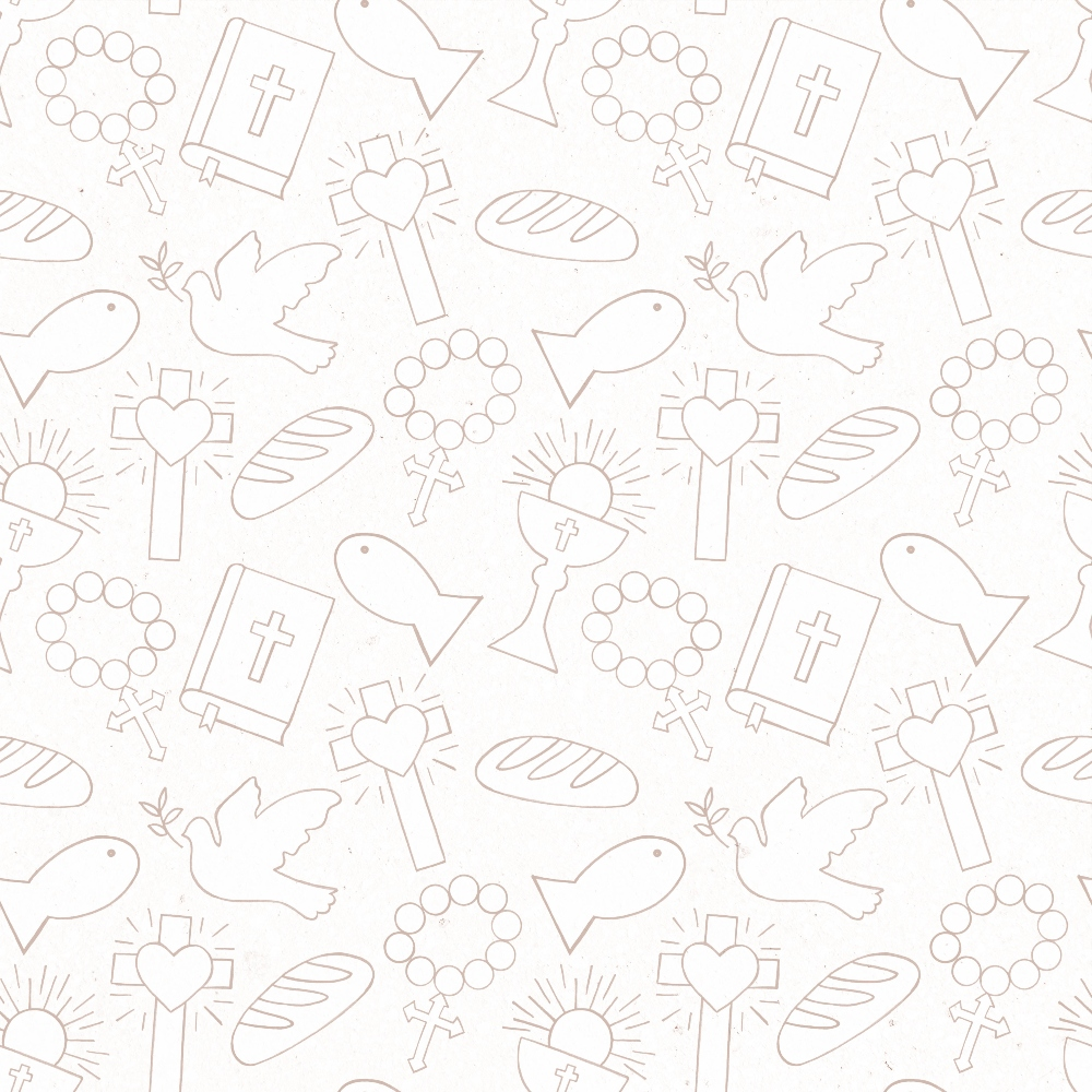 pale pink, soft pink, blush pink, religious symbols, christian motifs, crosses, doves, fish symbols, bread loaves, rosary beads, bibles, sacred heart, outline drawings, line art, minimalist design, spiritual theme, easter motifs,, fabric panel, repeating pattern, monochromatic, faith-based