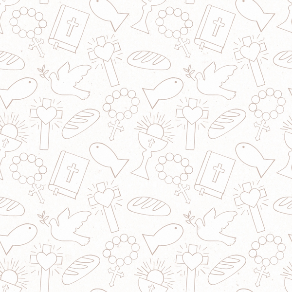 pale pink, soft pink, blush pink, religious symbols, christian motifs, crosses, doves, fish symbols, bread loaves, rosary beads, bibles, sacred heart, outline drawings, line art, minimalist design, spiritual theme, easter motifs,, fabric panel, repeating pattern, monochromatic, faith-based