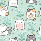 mint green, pastel pink, kawaii cats, cute kittens, spring flowers, butterfly net, heart shapes, butterflies, grass tufts, seamless pattern,, fabric panel, whimsical design, adorable characters, soft pastels, spring theme, repeating motif, cartoon style, cheerful mood, crafting material