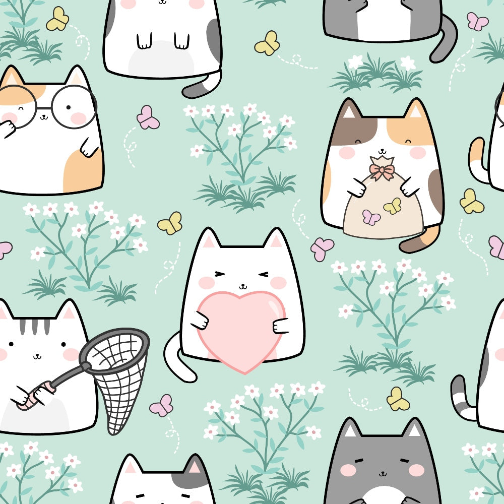 mint green, pastel pink, kawaii cats, cute kittens, spring flowers, butterfly net, heart shapes, butterflies, grass tufts, seamless pattern,, fabric panel, whimsical design, adorable characters, soft pastels, spring theme, repeating motif, cartoon style, cheerful mood, crafting material