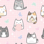 pink background, cute cats, kawaii style, pastel colors, white cats, gray cats, calico cats, butterflies, hearts, grid pattern,, fabric panel, spring theme, adorable animals, soft pink, mint green, lavender, cheerful mood, cartoonish cats, repeating pattern