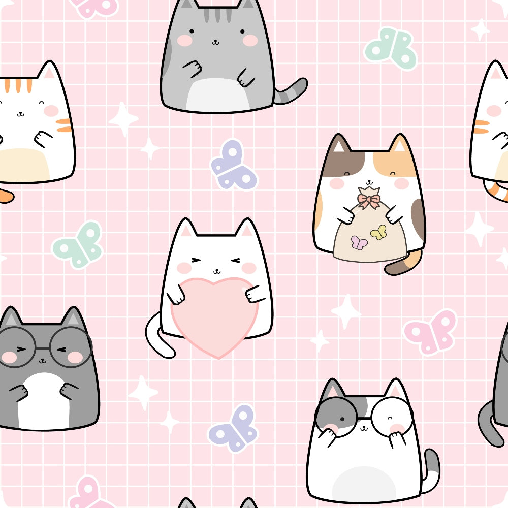 pink background, cute cats, kawaii style, pastel colors, white cats, gray cats, calico cats, butterflies, hearts, grid pattern,, fabric panel, spring theme, adorable animals, soft pink, mint green, lavender, cheerful mood, cartoonish cats, repeating pattern
