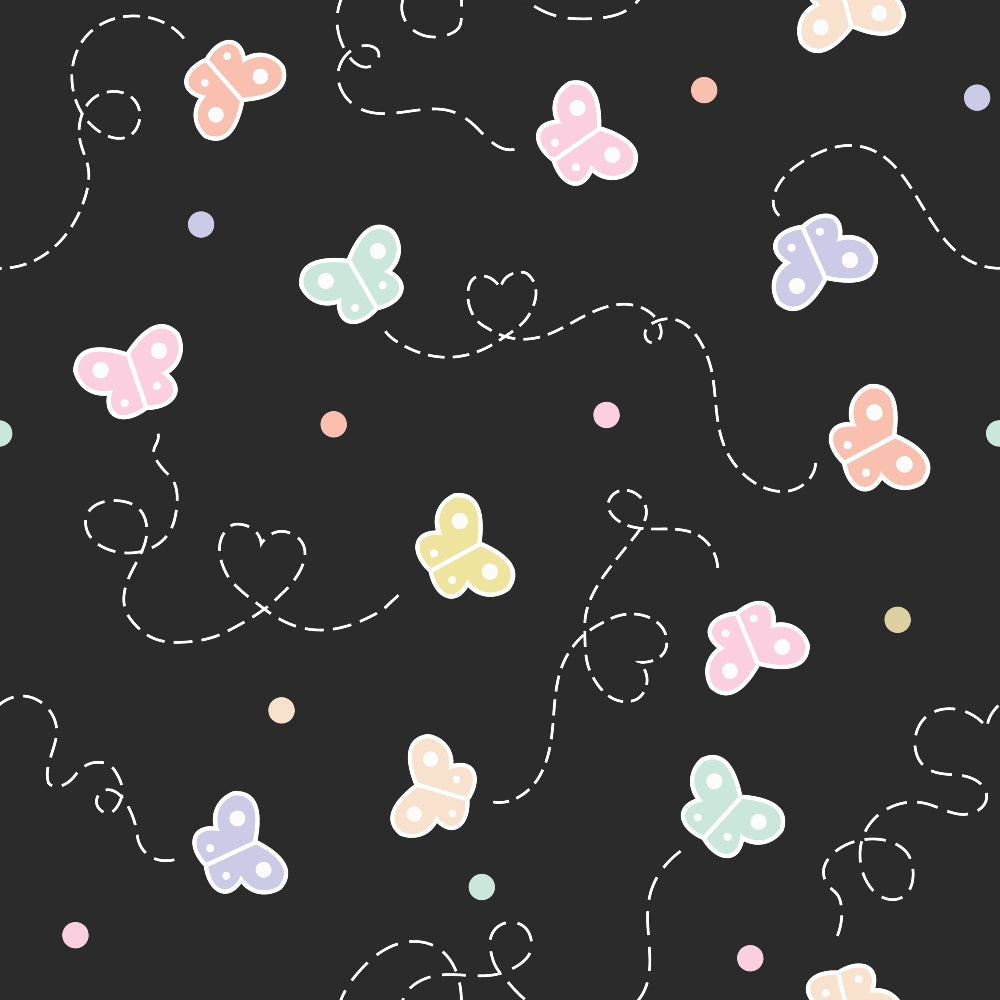 butterflies, pastel colors, pink, purple, green, yellow, peach, dotted patterns, polka dots, whimsical design, dashed lines, flight paths, cute illustration, spring theme, cotton fabric, quilting panel, charcoal background, soft pastels, butterfly wings, scattered design