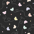 butterflies, pastel colors, pink, purple, green, yellow, peach, dotted patterns, polka dots, whimsical design, dashed lines, flight paths, cute illustration, spring theme, cotton fabric, quilting panel, charcoal background, soft pastels, butterfly wings, scattered design