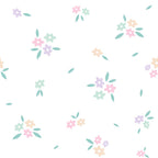soft pastels, spring flowers, delicate blooms, mint green, lavender purple, blush pink, peach orange, scattered floral, small flowers, leaves, botanical pattern, whimsical design, gentle colors,, fabric panel, spring theme, ditsy floral, sweet motifs, crafting material, sewing fabric