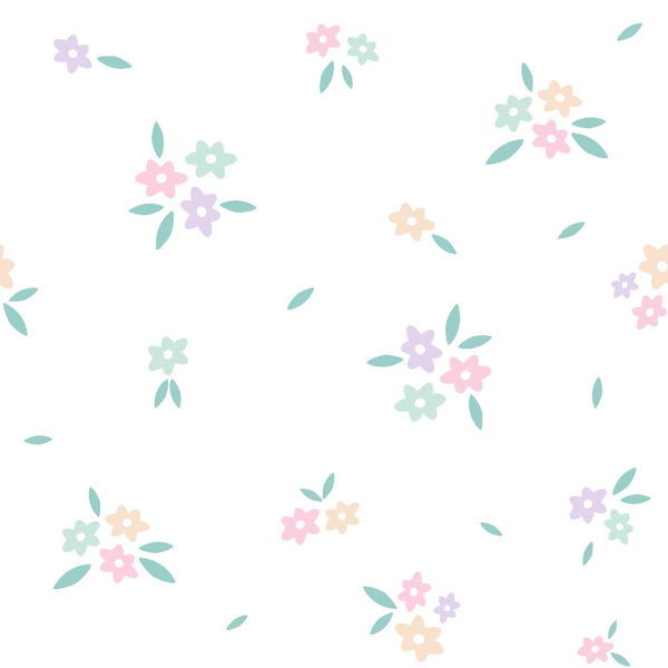 soft pastels, spring flowers, delicate blooms, mint green, lavender purple, blush pink, peach orange, scattered floral, small flowers, leaves, botanical pattern, whimsical design, gentle colors,, fabric panel, spring theme, ditsy floral, sweet motifs, crafting material, sewing fabric