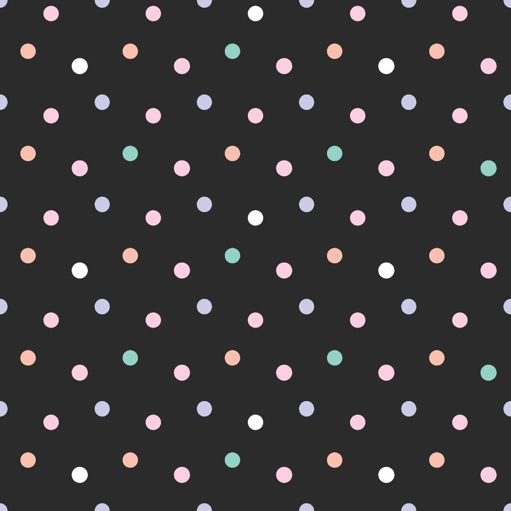 polka dots, pastel colors, pink dots, mint green, peach coral, lavender purple, white dots, black background, scattered circles, geometric pattern, spring colors,, fabric panel, soft pastels, dotted design, repeating pattern, crafting fabric, sewing material, cotton fabric
