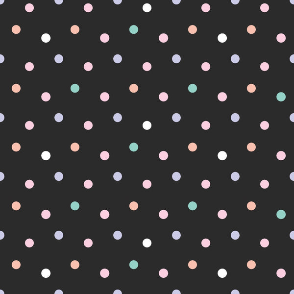 polka dots, pastel colors, pink dots, mint green, peach coral, lavender purple, white dots, black background, scattered circles, geometric pattern, spring colors,, fabric panel, soft pastels, dotted design, repeating pattern, crafting fabric, sewing material, cotton fabric