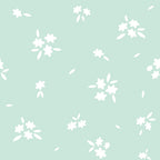 sage green, mint green, white flowers, cherry blossoms, sakura pattern, floral design, spring theme, scattered blooms, petals, leaves, soft pastels, delicate pattern,, fabric panel, botanical motifs, nature inspired, gentle aesthetic, seamless repeat, crafting fabric, sewing material