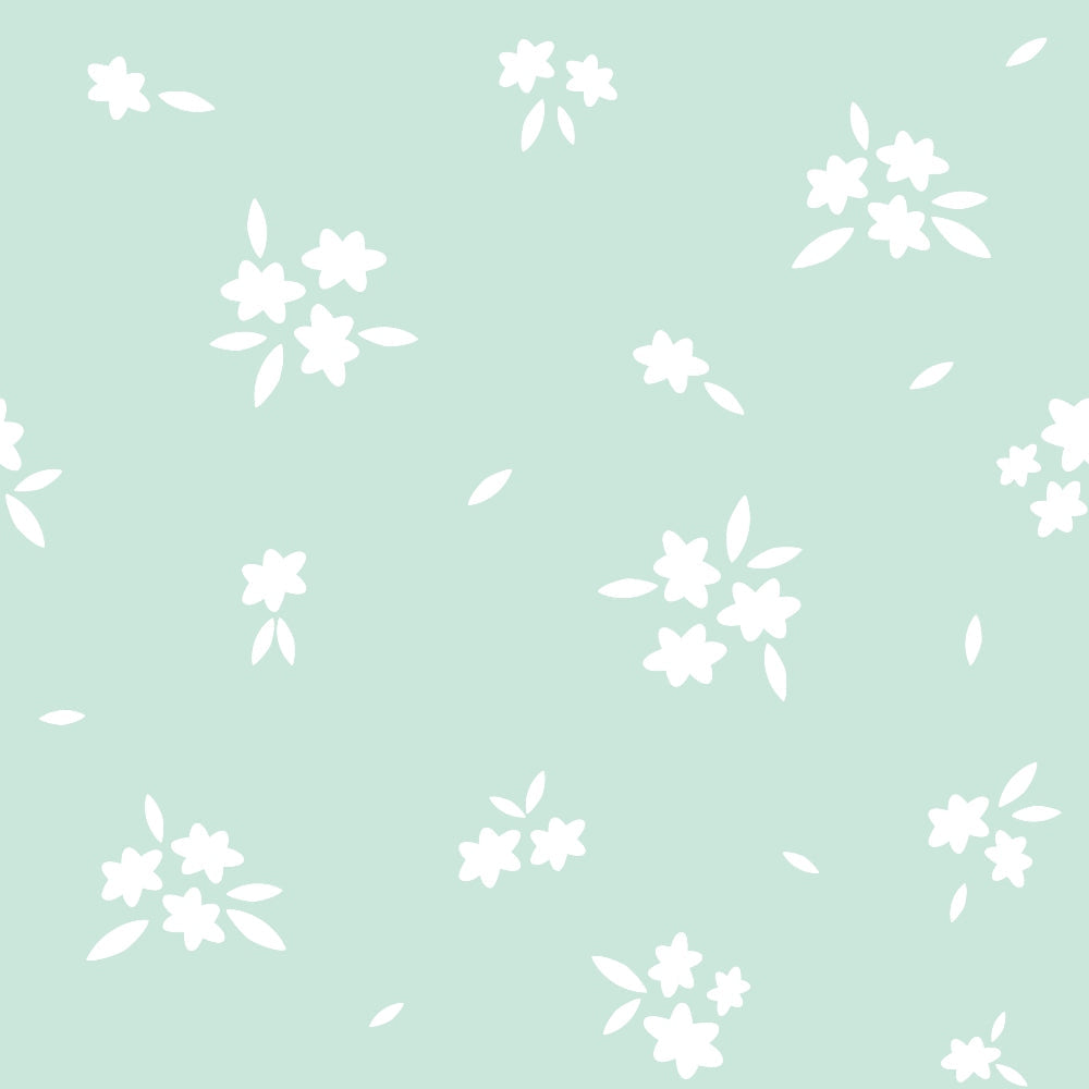sage green, mint green, white flowers, cherry blossoms, sakura pattern, floral design, spring theme, scattered blooms, petals, leaves, soft pastels, delicate pattern,, fabric panel, botanical motifs, nature inspired, gentle aesthetic, seamless repeat, crafting fabric, sewing material
