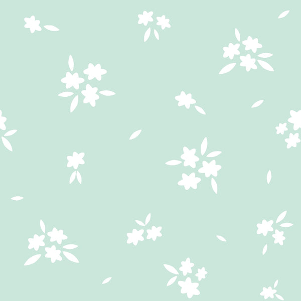 sage green, mint green, white flowers, cherry blossoms, sakura pattern, floral design, spring theme, scattered blooms, petals, leaves, soft pastels, delicate pattern,, fabric panel, botanical motifs, nature inspired, gentle aesthetic, seamless repeat, crafting fabric, sewing material