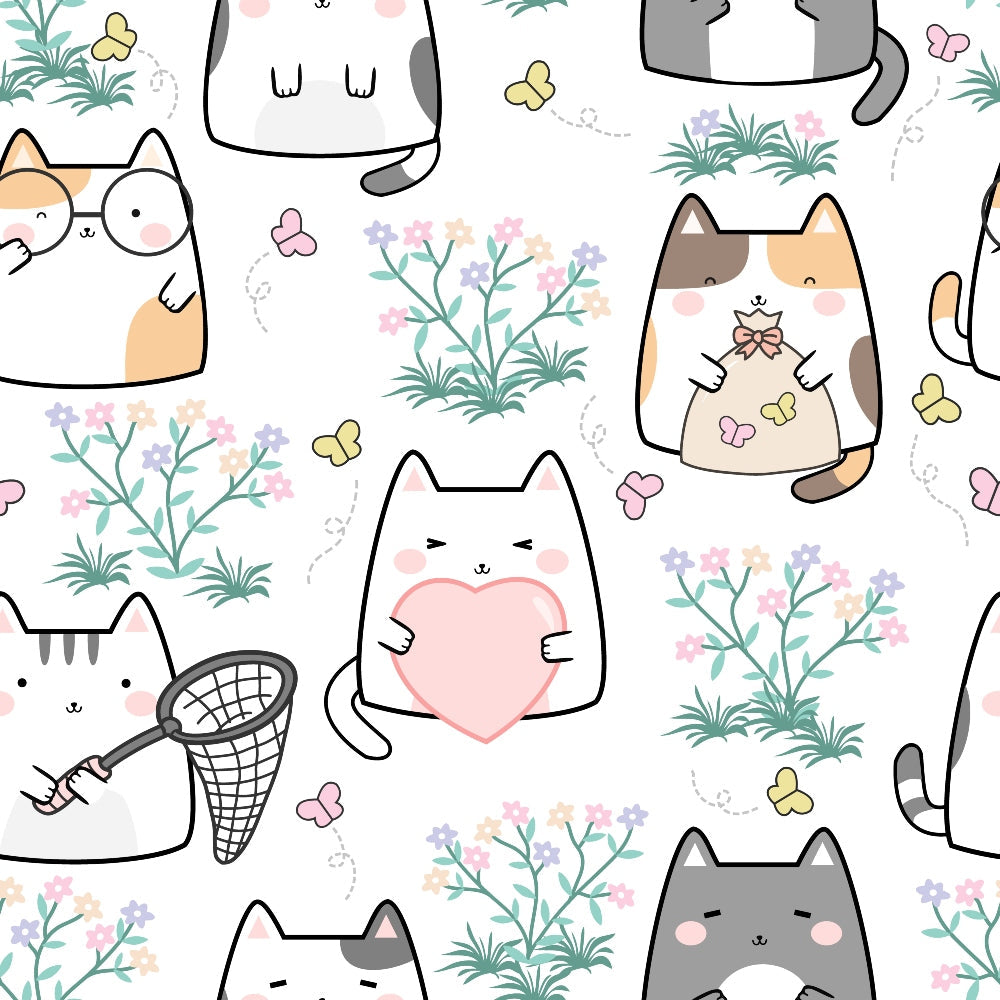 spring cats,, fabric panel, kawaii style, pastel colors, cute kittens, floral elements, butterflies, soft pink, sage green, cream white, orange tabby, gray cats, heart motifs, butterfly net, wildflowers, grass patches, whimsical design, cheerful mood, repeating pattern