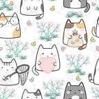 spring cats,, fabric panel, kawaii style, pastel colors, cute kittens, floral elements, butterflies, soft pink, sage green, cream white, orange tabby, gray cats, heart motifs, butterfly net, wildflowers, grass patches, whimsical design, cheerful mood, repeating pattern