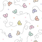 butterflies, pastel colors, pink, purple, green, yellow, orange, dashed lines, flight paths, whimsical, spring theme,, fabric panel, cute illustrations, soft pastels, nature motifs, scattered pattern, polka dots, gentle design, kawaii style