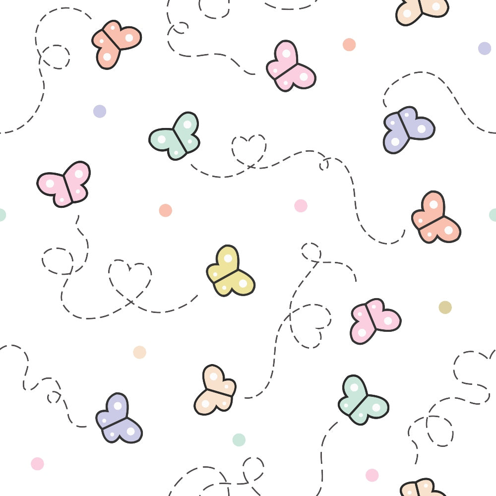 butterflies, pastel colors, pink, purple, green, yellow, orange, dashed lines, flight paths, whimsical, spring theme,, fabric panel, cute illustrations, soft pastels, nature motifs, scattered pattern, polka dots, gentle design, kawaii style