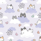 lavender purple, white clouds, gray cats, orange cats, kawaii style, cute kittens, rain drops, butterflies, pastel colors, whimsical design, cats on clouds, spring theme,, fabric panel, soft pastels, playful pattern, adorable animals, dreamy atmosphere, nursery fabric, craft material