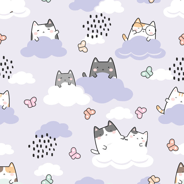 lavender purple, white clouds, gray cats, orange cats, kawaii style, cute kittens, rain drops, butterflies, pastel colors, whimsical design, cats on clouds, spring theme,, fabric panel, soft pastels, playful pattern, adorable animals, dreamy atmosphere, nursery fabric, craft material
