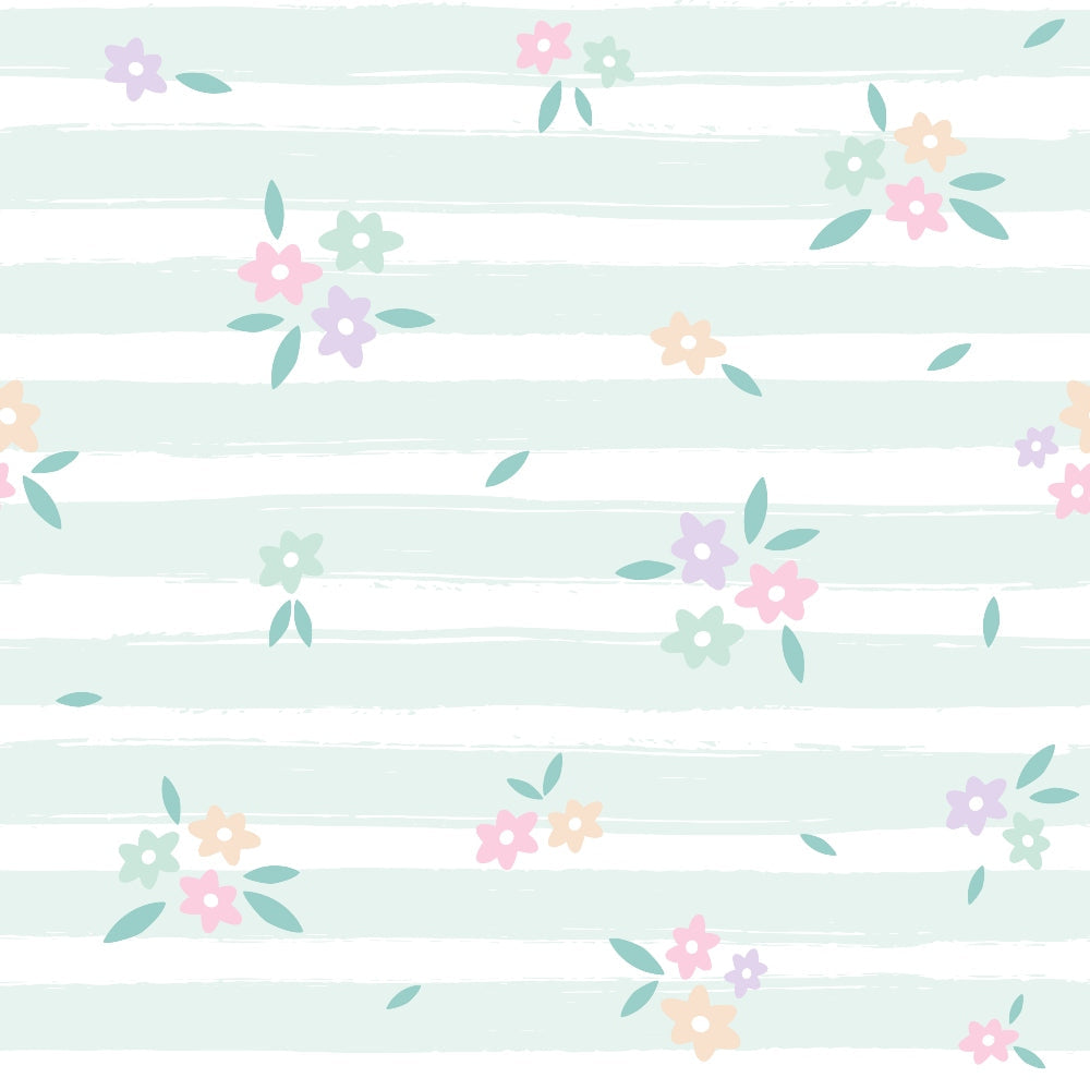 mint green, white stripes, pastel flowers, pink blossoms, purple flowers, peach blooms, sage green leaves, floral scatter, spring pattern, soft pastels,, fabric panel, delicate florals, watercolor style, gentle mood, botanical design, striped background, coordinating print, cotton fabric, spring theme