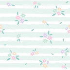 mint green, white stripes, pastel flowers, pink blossoms, purple flowers, peach blooms, sage green leaves, floral scatter, spring pattern, soft pastels,, fabric panel, delicate florals, watercolor style, gentle mood, botanical design, striped background, coordinating print, cotton fabric, spring theme