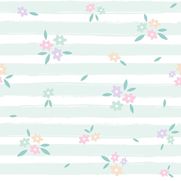 mint green, white stripes, pastel flowers, pink blossoms, purple flowers, peach blooms, sage green leaves, floral scatter, spring pattern, soft pastels,, fabric panel, delicate florals, watercolor style, gentle mood, botanical design, striped background, coordinating print, cotton fabric, spring theme