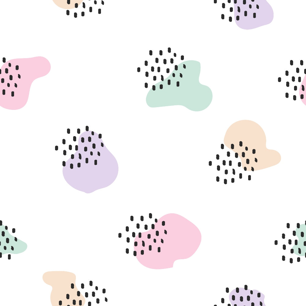 spring cats,, fabric panel, pastel colors, pink, purple, mint green, peach, abstract shapes, polka dots, scattered pattern, whimsical design, modern style, geometric blobs, playful motifs, soft pastels, contemporary pattern, organic shapes, minimalist design, cheerful mood