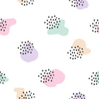 spring cats,, fabric panel, pastel colors, pink, purple, mint green, peach, abstract shapes, polka dots, scattered pattern, whimsical design, modern style, geometric blobs, playful motifs, soft pastels, contemporary pattern, organic shapes, minimalist design, cheerful mood