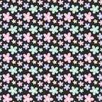 floral pattern, pastel colors, pink flowers, mint green, lavender purple, peach blooms, black background, six-petal flowers, ditsy print, spring blooms,, fabric panel, cute florals, soft pastels, repeating pattern, small scale flowers, cotton fabric, crafting material, sewing supplies
