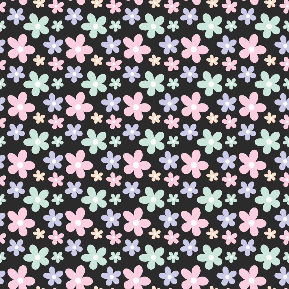 floral pattern, pastel colors, pink flowers, mint green, lavender purple, peach blooms, black background, six-petal flowers, ditsy print, spring blooms,, fabric panel, cute florals, soft pastels, repeating pattern, small scale flowers, cotton fabric, crafting material, sewing supplies