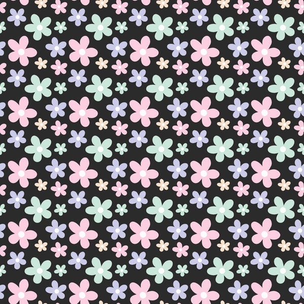 floral pattern, pastel colors, pink flowers, mint green, lavender purple, peach blooms, black background, six-petal flowers, ditsy print, spring blooms,, fabric panel, cute florals, soft pastels, repeating pattern, small scale flowers, cotton fabric, crafting material, sewing supplies