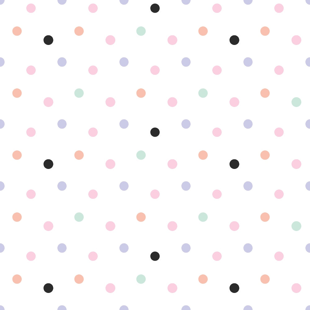 polka dots, pastel colors, pink dots, coral dots, mint green dots, lavender dots, black dots, scattered pattern, repeating design, spring colors, soft pastels,, fabric panel, geometric pattern, dotted fabric, cheerful mood, light background, circular shapes, crafting fabric, sewing material