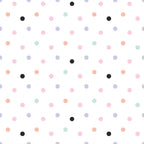polka dots, pastel colors, pink dots, coral dots, mint green dots, lavender dots, black dots, scattered pattern, repeating design, spring colors, soft pastels,, fabric panel, geometric pattern, dotted fabric, cheerful mood, light background, circular shapes, crafting fabric, sewing material