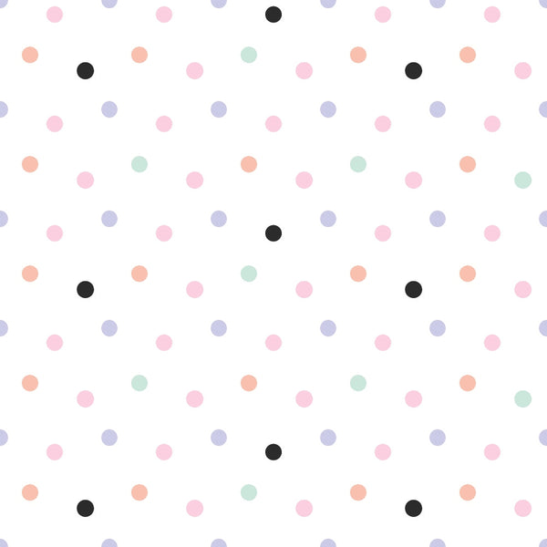 polka dots, pastel colors, pink dots, coral dots, mint green dots, lavender dots, black dots, scattered pattern, repeating design, spring colors, soft pastels,, fabric panel, geometric pattern, dotted fabric, cheerful mood, light background, circular shapes, crafting fabric, sewing material