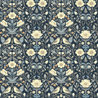 navy blue, cream flowers, sage green, birds, floral pattern, botanical motifs, symmetrical design, vintage style,, fabric panel, nature inspired, folk art, ornate details, repeating pattern, garden theme, decorative birds, leaf motifs, heritage pattern, intricate design, damask style