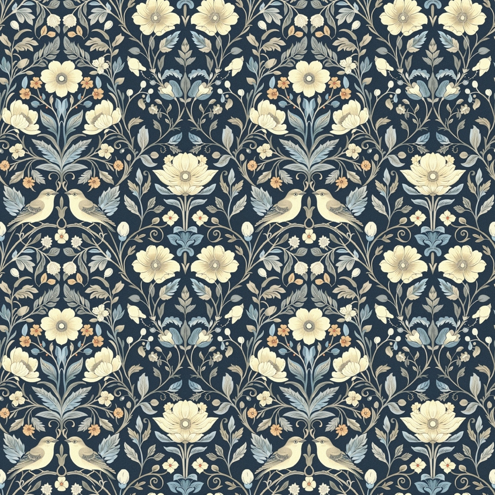 navy blue, cream flowers, sage green, birds, floral pattern, botanical motifs, symmetrical design, vintage style,, fabric panel, nature inspired, folk art, ornate details, repeating pattern, garden theme, decorative birds, leaf motifs, heritage pattern, intricate design, damask style