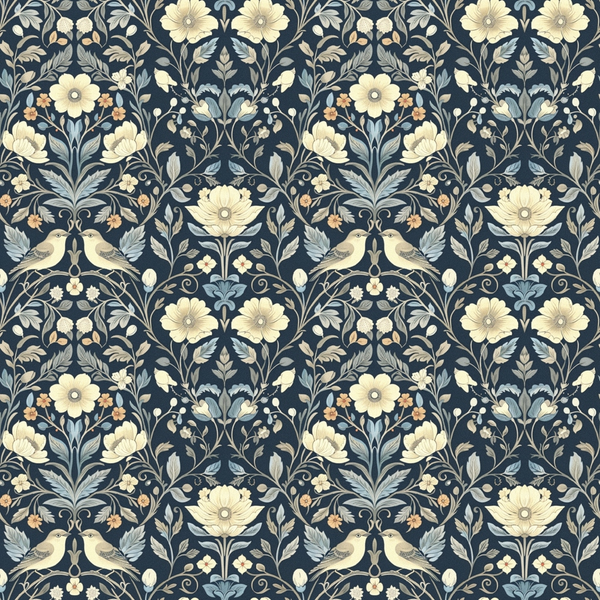 navy blue, cream flowers, sage green, birds, floral pattern, botanical motifs, symmetrical design, vintage style,, fabric panel, nature inspired, folk art, ornate details, repeating pattern, garden theme, decorative birds, leaf motifs, heritage pattern, intricate design, damask style