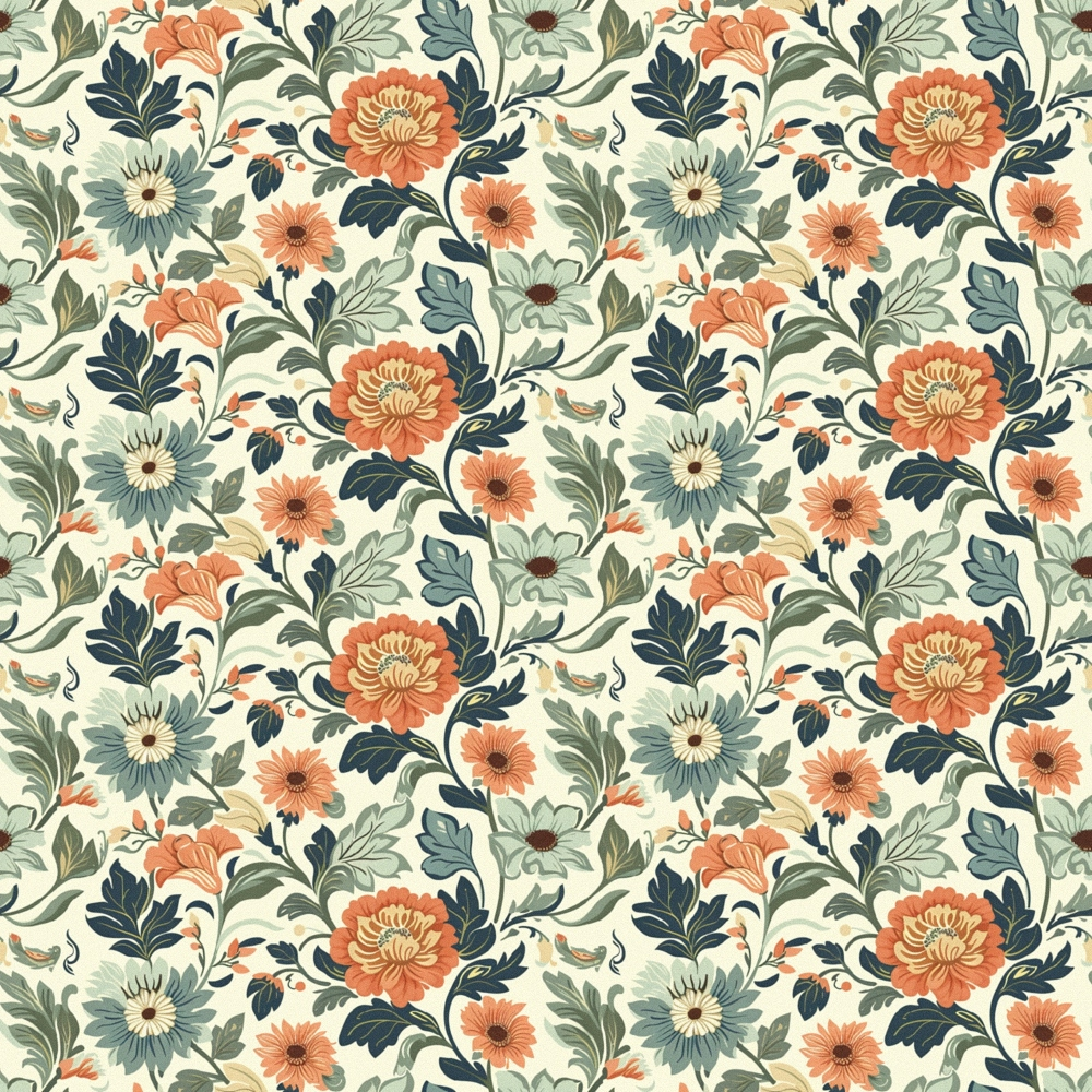 cream background, coral flowers, navy blue leaves, sage green foliage, floral pattern, botanical design, vintage style, repeating motif,, fabric panel, chrysanthemum blooms, daisy flowers, ornate florals, decorative leaves, heritage garden, muted tones, textile design, crafting material, sewing fabric