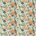 cream background, coral flowers, navy blue leaves, sage green foliage, floral pattern, botanical design, vintage style, repeating motif,, fabric panel, chrysanthemum blooms, daisy flowers, ornate florals, decorative leaves, heritage garden, muted tones, textile design, crafting material, sewing fabric
