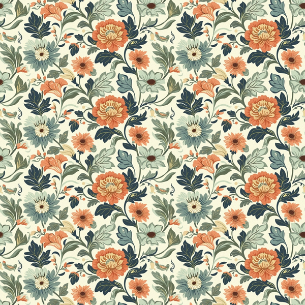 cream background, coral flowers, navy blue leaves, sage green foliage, floral pattern, botanical design, vintage style, repeating motif,, fabric panel, chrysanthemum blooms, daisy flowers, ornate florals, decorative leaves, heritage garden, muted tones, textile design, crafting material, sewing fabric
