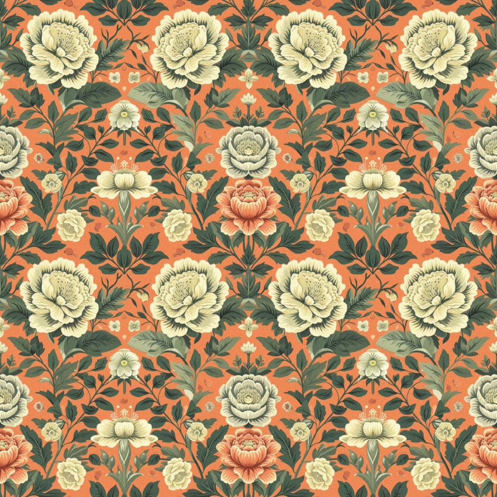 coral background, cream flowers, sage green leaves, floral pattern, vintage botanical, peonies, roses,, fabric panel, repeating motif, ornate blooms, garden flowers, muted tones, decorative foliage, heritage style, seamless design, cotton fabric, warm orange, soft yellow, intricate petals