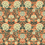 coral background, cream flowers, sage green leaves, floral pattern, vintage botanical, peonies, roses,, fabric panel, repeating motif, ornate blooms, garden flowers, muted tones, decorative foliage, heritage style, seamless design, cotton fabric, warm orange, soft yellow, intricate petals