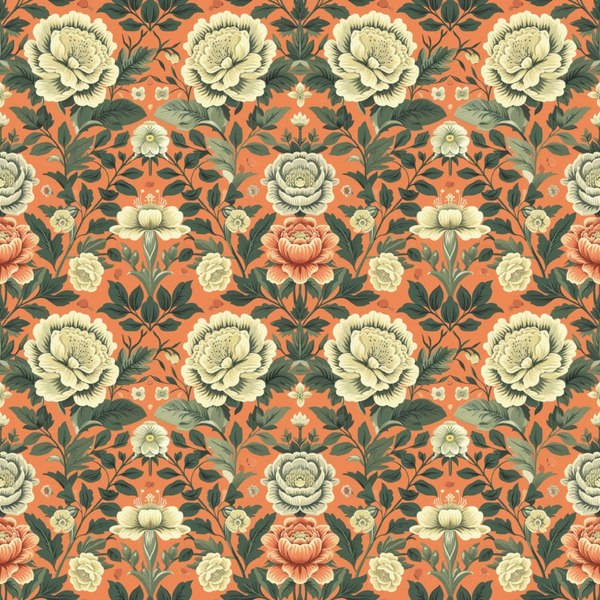 coral background, cream flowers, sage green leaves, floral pattern, vintage botanical, peonies, roses,, fabric panel, repeating motif, ornate blooms, garden flowers, muted tones, decorative foliage, heritage style, seamless design, cotton fabric, warm orange, soft yellow, intricate petals
