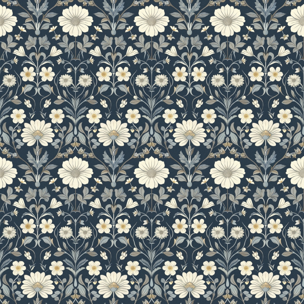 navy blue, cream, beige, floral pattern, daisy flowers, botanical design, repeating motif, symmetrical layout, vintage style,, fabric panel, garden theme, decorative flowers, leaves, stems, arts and crafts style, william morris inspired, nature motifs, textile design, heritage garden