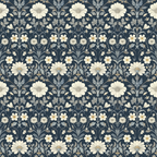 navy blue, cream, beige, floral pattern, daisy flowers, botanical design, repeating motif, symmetrical layout, vintage style,, fabric panel, garden theme, decorative flowers, leaves, stems, arts and crafts style, william morris inspired, nature motifs, textile design, heritage garden
