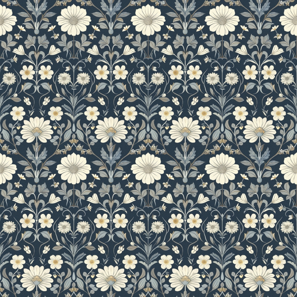 navy blue, cream, beige, floral pattern, daisy flowers, botanical design, repeating motif, symmetrical layout, vintage style,, fabric panel, garden theme, decorative flowers, leaves, stems, arts and crafts style, william morris inspired, nature motifs, textile design, heritage garden