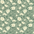 sage green, cream white, floral pattern, botanical design, blooming flowers, leafy vines, vintage style, repeating motif,, fabric panel, garden flowers, nature inspired, soft pastels, romantic florals, heritage pattern, delicate blooms, organic shapes, seamless repeat, muted tones, cottage garden